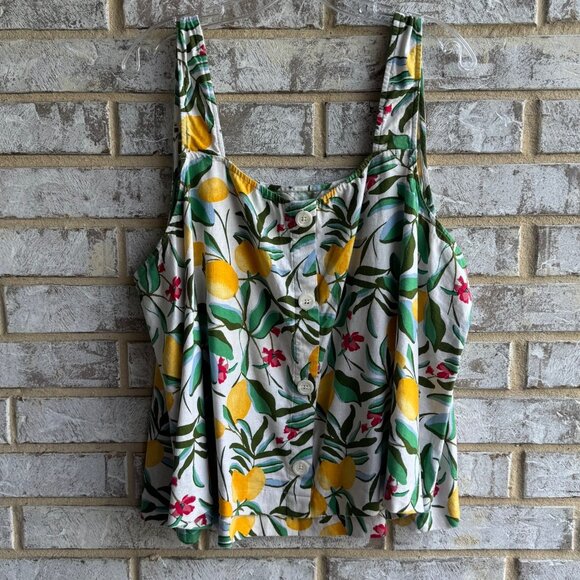 AVA & VIV Sleeveless Linen Blend Back Button Lemon/Floral Print Tank Top Size 3X - Picture 2 of 7